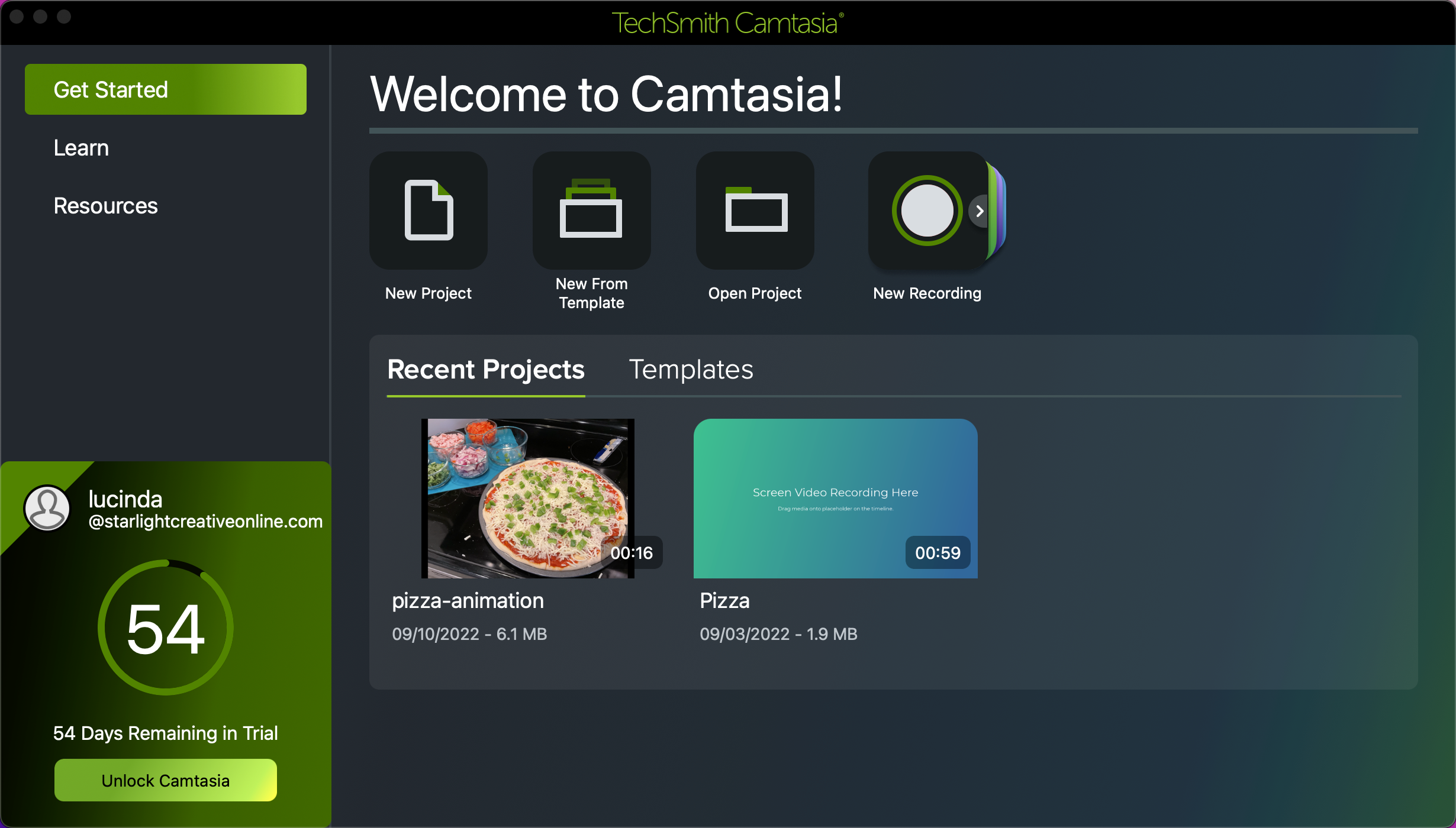 Camtasia welcome screen