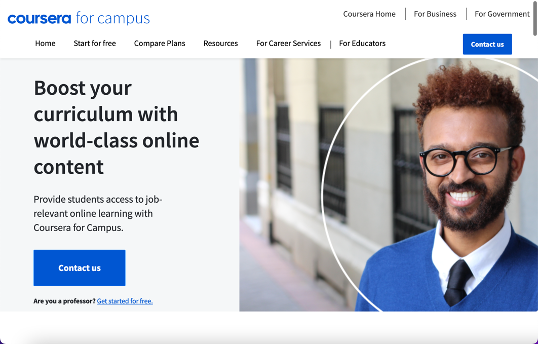 Screen shot of Coursera for campus webpage